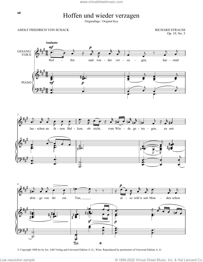 Hoffen Und Wieder Verzagen (High Voice) sheet music for voice and piano (High Voice) by Richard Strauss and Adolf Friedrich von Schack, classical score, intermediate skill level