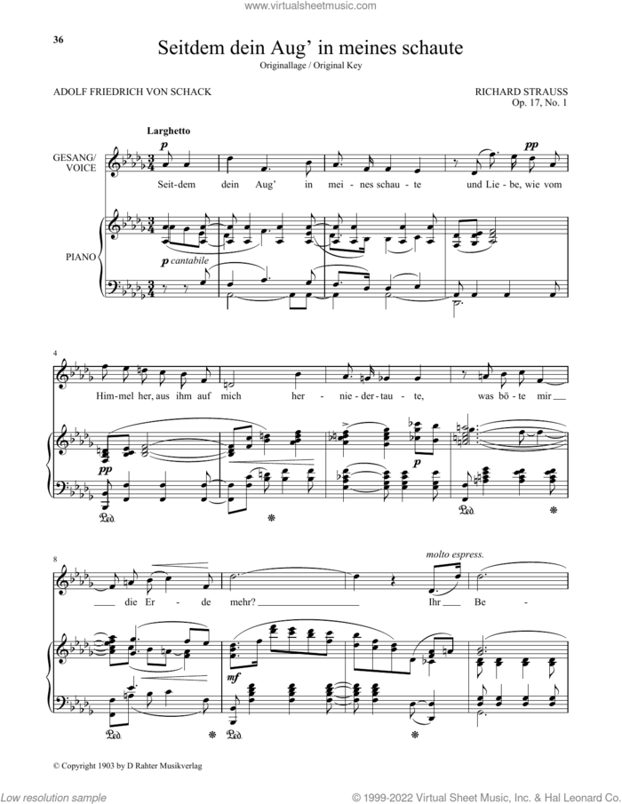 Seitdem Dein Aug' In Meines Schaute (High Voice) sheet music for voice and piano (High Voice) by Richard Strauss and Adolf Friedrich von Schack, classical score, intermediate skill level