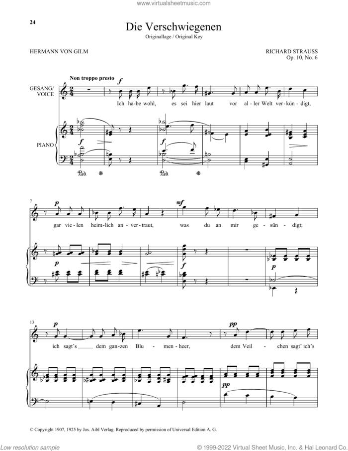 Die Verschwiegenen (High Voice) sheet music for voice and piano (High Voice) by Richard Strauss and Hermann von Gilm, classical score, intermediate skill level