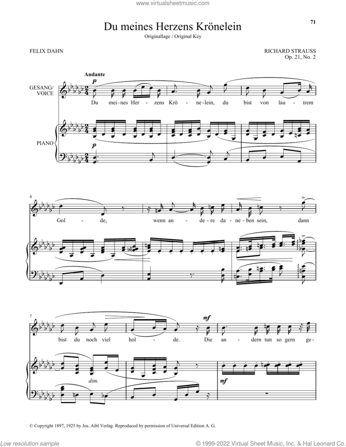Du Meines Herzens Kronelein (High Voice) sheet music for voice and piano (High Voice) by Richard Strauss and Felix Dahn, classical score, intermediate skill level