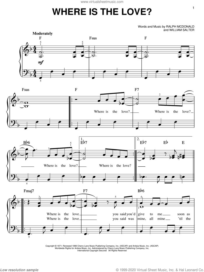 Where Is The Love? sheet music for piano solo by Roberta Flack, Donny Hathaway, Will Downing, Ralph MacDonald and William Salter, easy skill level
