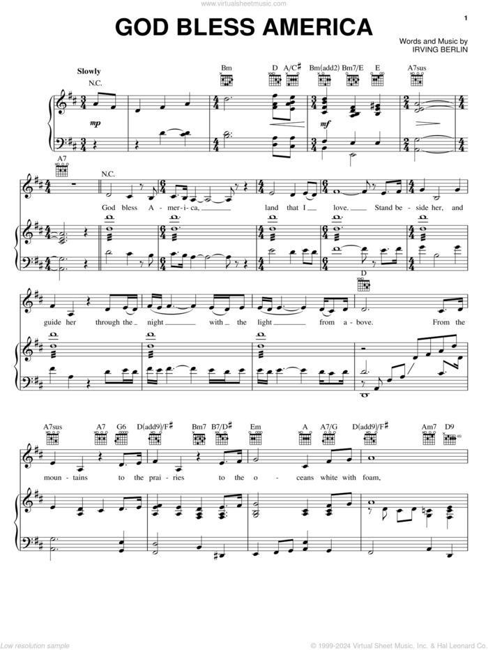 God Bless America sheet music for voice, piano or guitar by Celine Dion, Kate Smith, LeAnn Rimes and Irving Berlin, intermediate skill level