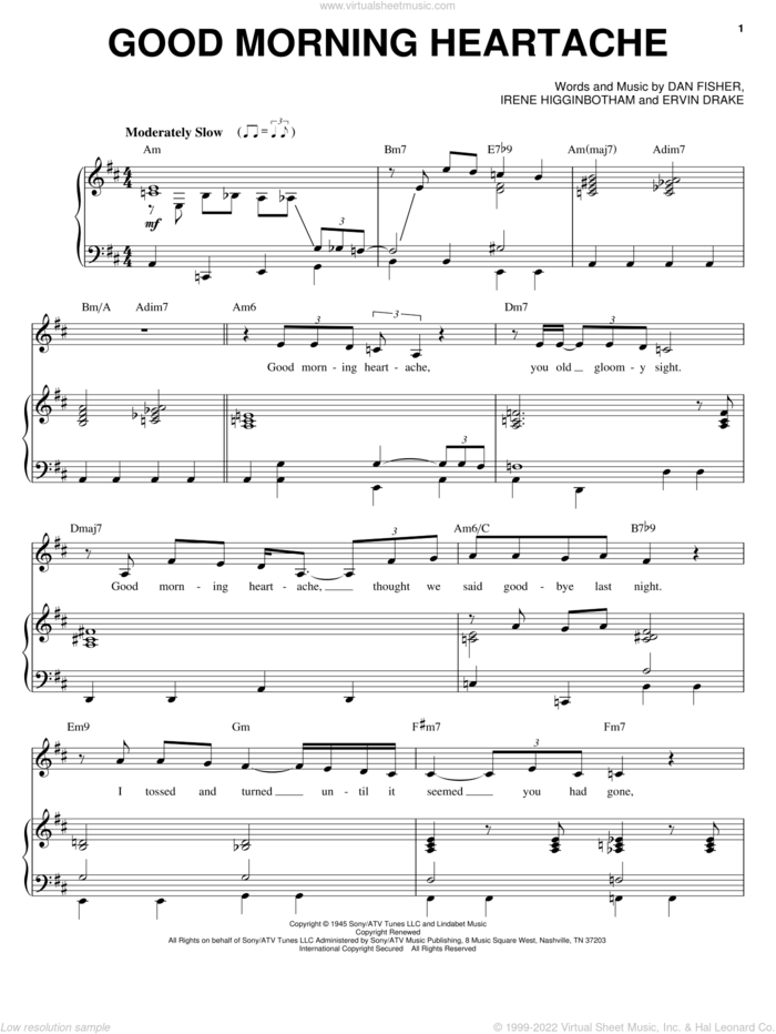Good Morning Heartache sheet music for voice and piano by Billie Holiday, Diana Ross, Ella Fitzgerald, Dan Fisher, Ervin Drake and Irene Higginbotham, intermediate skill level