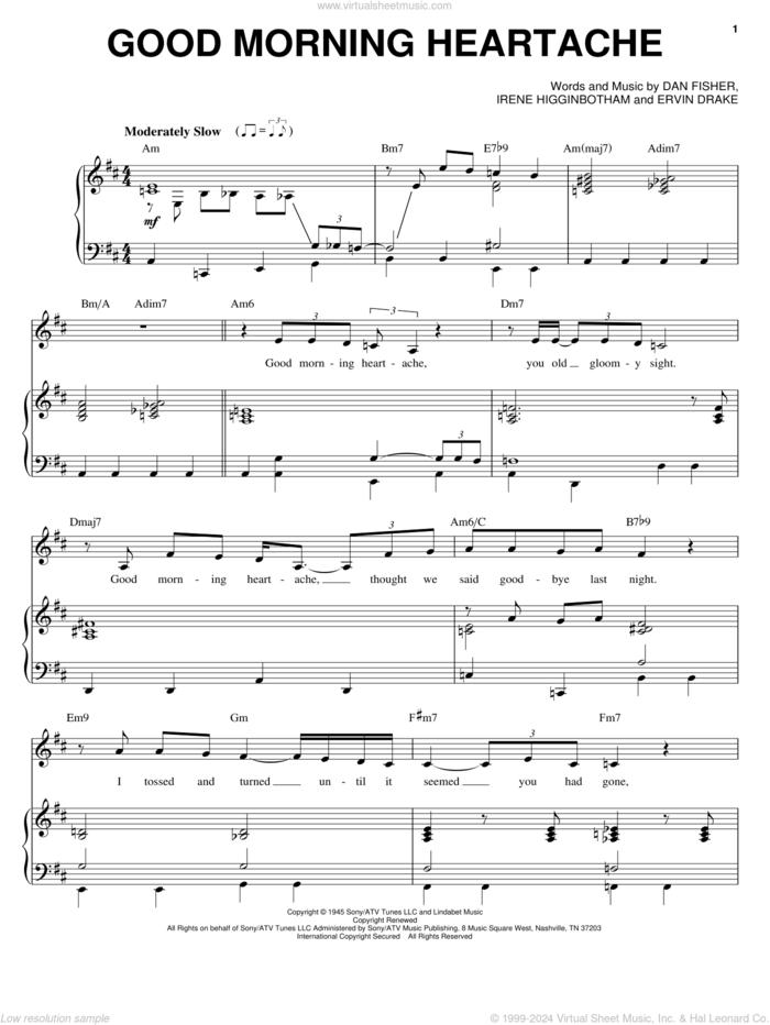 Good Morning Heartache sheet music for voice and piano by Billie Holiday, Diana Ross, Ella Fitzgerald, Dan Fisher, Ervin Drake and Irene Higginbotham, intermediate skill level