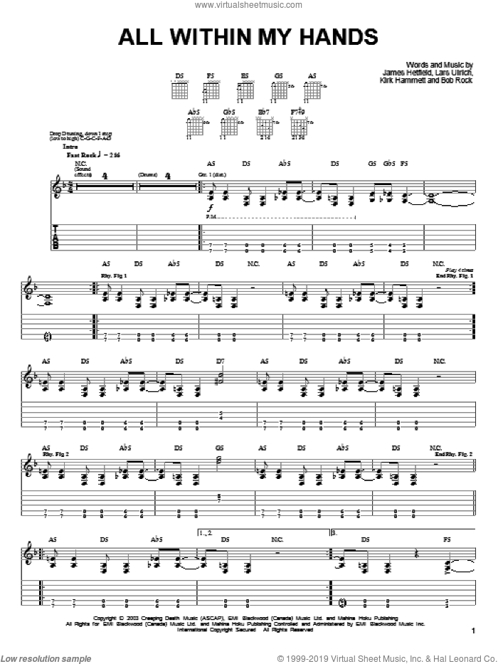 All Within My Hands sheet music for guitar solo (easy tablature) by Metallica, James Hetfield, Kirk Hammett and Lars Ulrich, easy guitar (easy tablature)