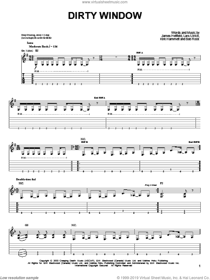 Dirty Window sheet music for guitar solo (easy tablature) by Metallica, James Hetfield, Kirk Hammett and Lars Ulrich, easy guitar (easy tablature)