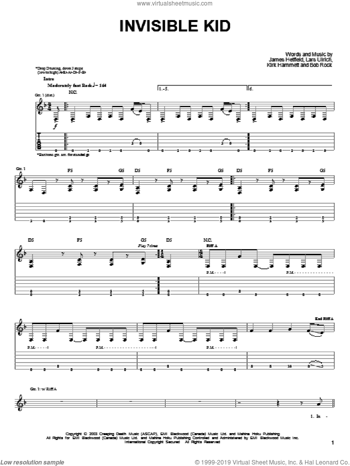 Invisible Kid sheet music for guitar solo (easy tablature) by Metallica, James Hetfield, Kirk Hammett and Lars Ulrich, easy guitar (easy tablature)
