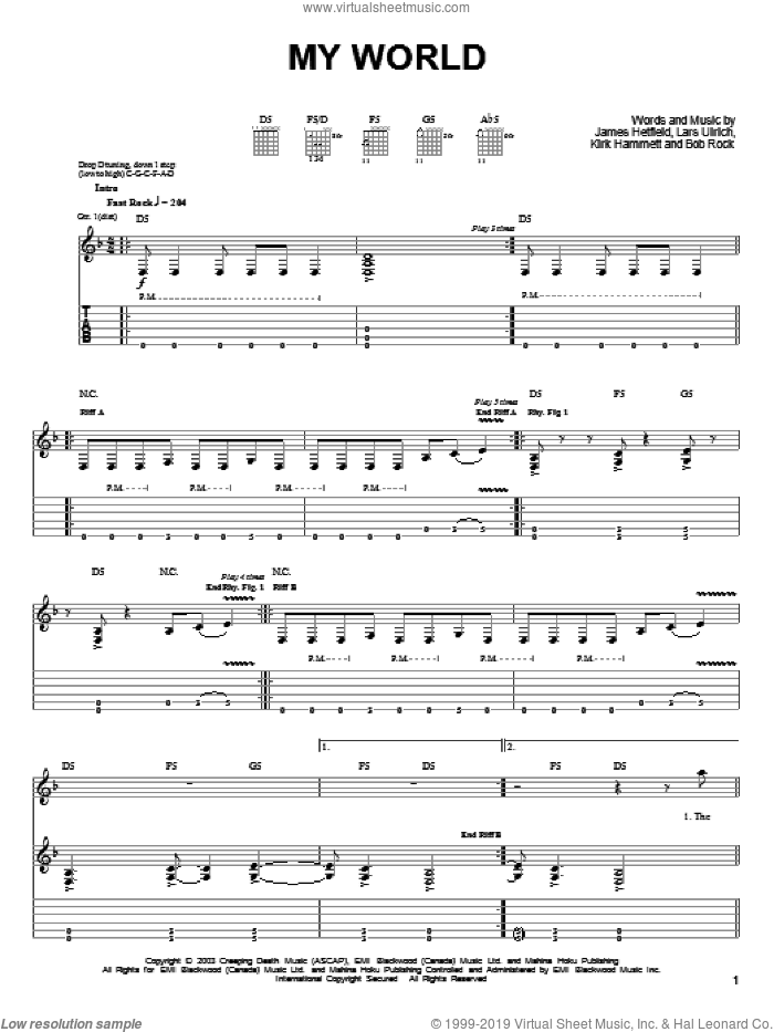 My World sheet music for guitar solo (easy tablature) by Metallica, James Hetfield, Kirk Hammett and Lars Ulrich, easy guitar (easy tablature)