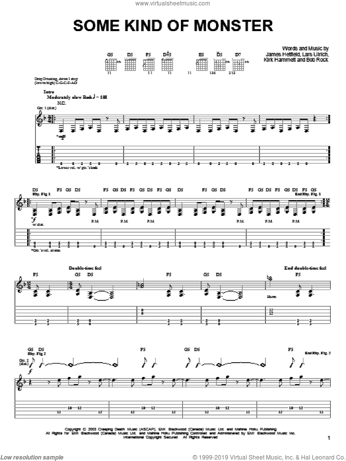Some Kind Of Monster sheet music for guitar solo (easy tablature) by Metallica, James Hetfield, Kirk Hammett and Lars Ulrich, easy guitar (easy tablature)