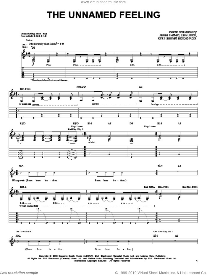 The Unnamed Feeling sheet music for guitar solo (easy tablature) by Metallica, James Hetfield, Kirk Hammett and Lars Ulrich, easy guitar (easy tablature)