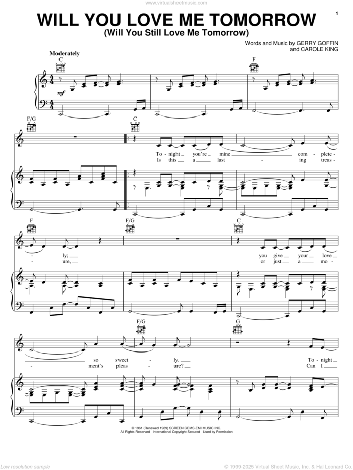 Will You Love Me Tomorrow (Will You Still Love Me Tomorrow) sheet music for voice, piano or guitar by The Shirelles, Carole King and Gerry Goffin, intermediate skill level