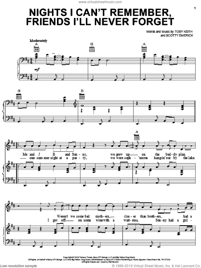Nights I Can't Remember, Friends I'll Never Forget sheet music for voice, piano or guitar by Toby Keith and Scotty Emerick, intermediate skill level