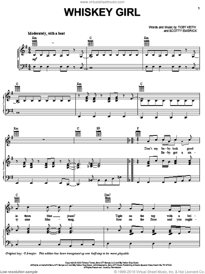 Whiskey Girl sheet music for voice, piano or guitar by Toby Keith and Scotty Emerick, intermediate skill level