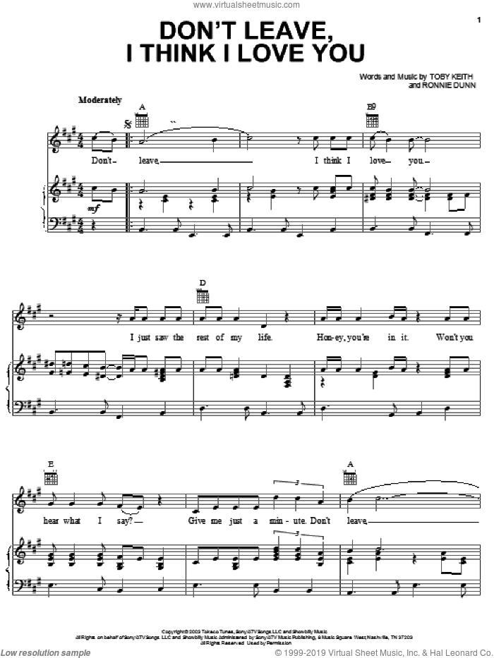 Don't Leave, I Think I Love You sheet music for voice, piano or guitar by Toby Keith and Ronnie Dunn, intermediate skill level