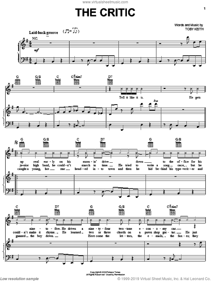 The Critic sheet music for voice, piano or guitar by Toby Keith, intermediate skill level