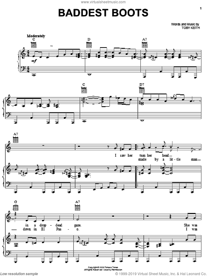 Baddest Boots sheet music for voice, piano or guitar by Toby Keith, intermediate skill level