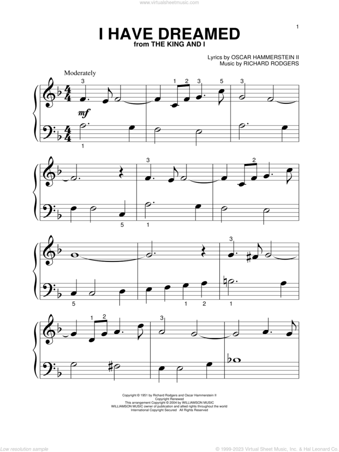 I Have Dreamed, (beginner) sheet music for piano solo by Rodgers & Hammerstein, The King And I (Musical), Oscar II Hammerstein and Richard Rodgers, beginner skill level