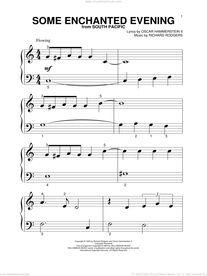 Some Enchanted Evening, (beginner) sheet music for piano solo by Rodgers & Hammerstein, South Pacific (Musical), Oscar II Hammerstein and Richard Rodgers, beginner skill level