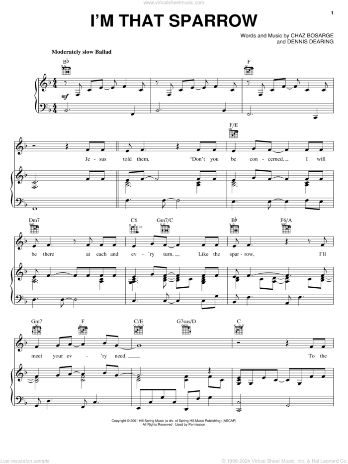 I'm That Sparrow sheet music for voice, piano or guitar by Chaz Bosarge and Dennis Dearing, intermediate skill level