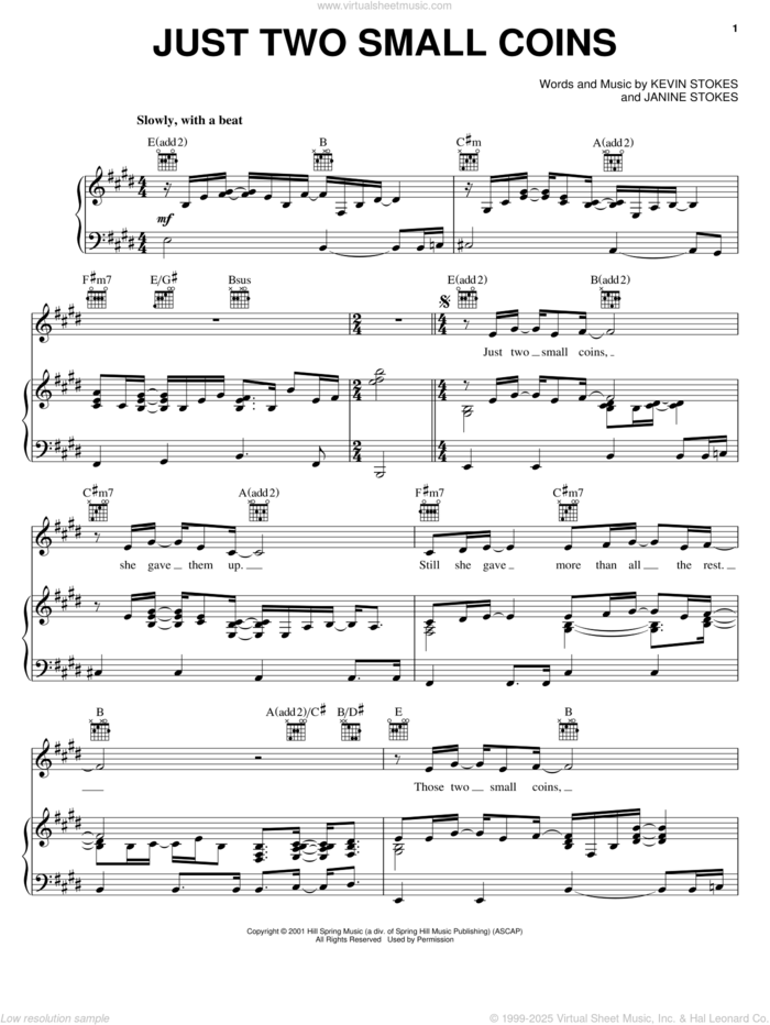 Just Two Small Coins sheet music for voice, piano or guitar by Kevin Stokes and Janine Stokes, intermediate skill level