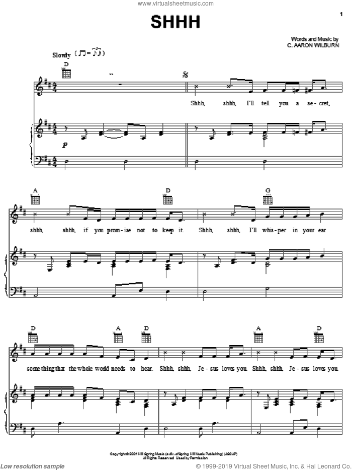 Shhh sheet music for voice, piano or guitar by C. Aaron Wilburn, intermediate skill level