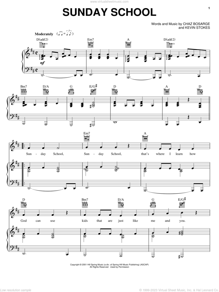 Sunday School sheet music for voice, piano or guitar by Chaz Bosarge and Kevin Stokes, intermediate skill level