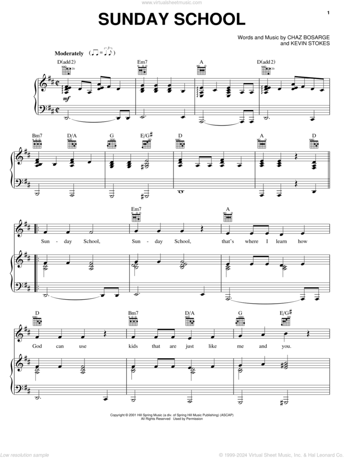 Sunday School sheet music for voice, piano or guitar by Chaz Bosarge and Kevin Stokes, intermediate skill level