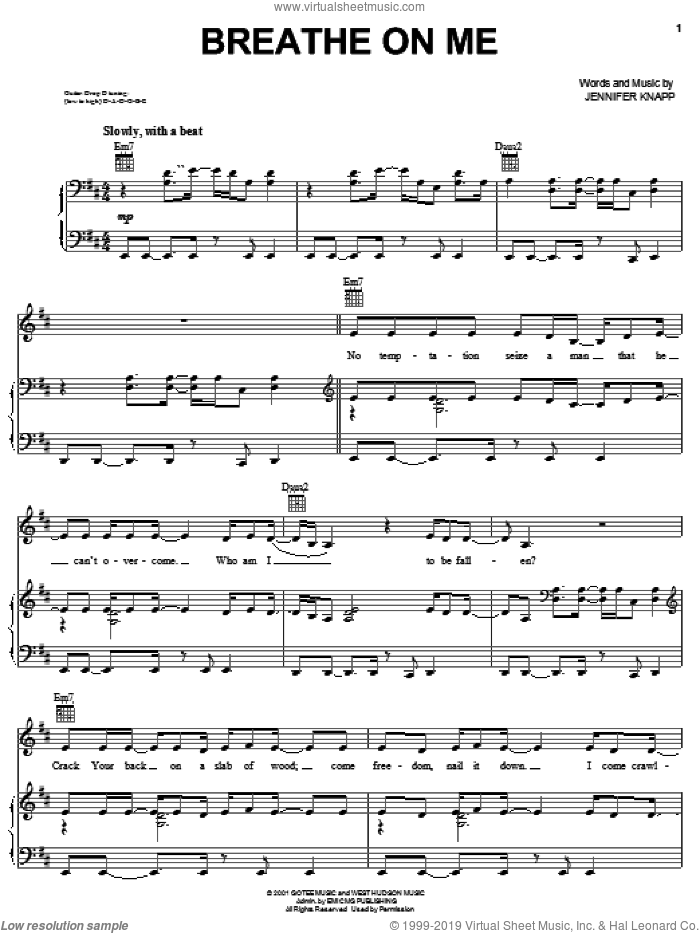 Breathe On Me sheet music for voice, piano or guitar by Jennifer Knapp, intermediate skill level