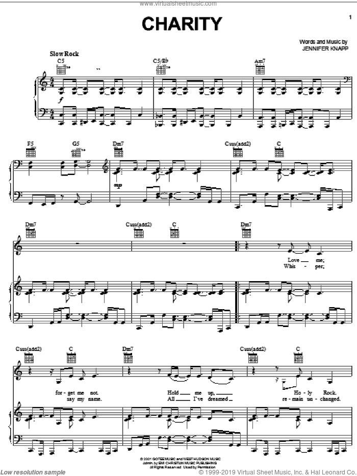 Charity sheet music for voice, piano or guitar by Jennifer Knapp, intermediate skill level