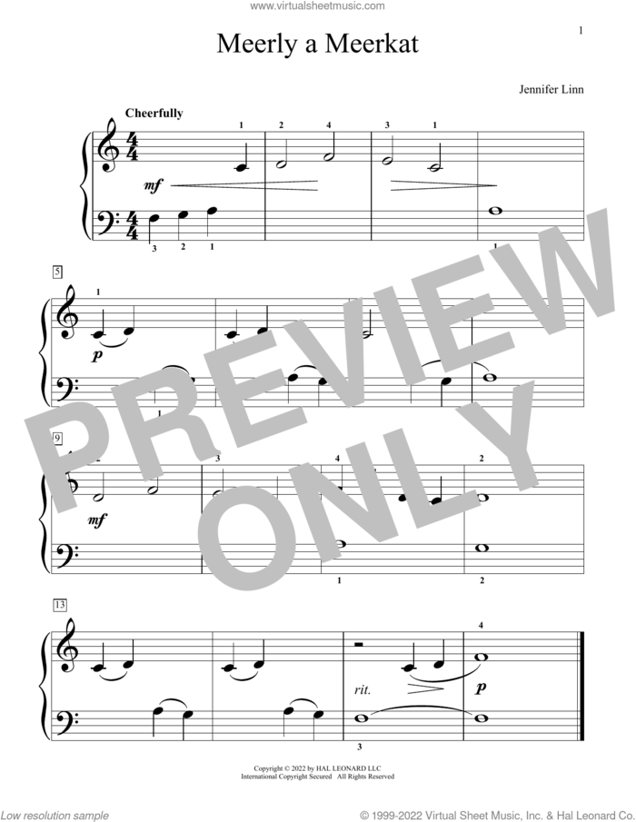 Meerly A Meerkat sheet music for piano solo (elementary) by Jennifer Linn, beginner piano (elementary)