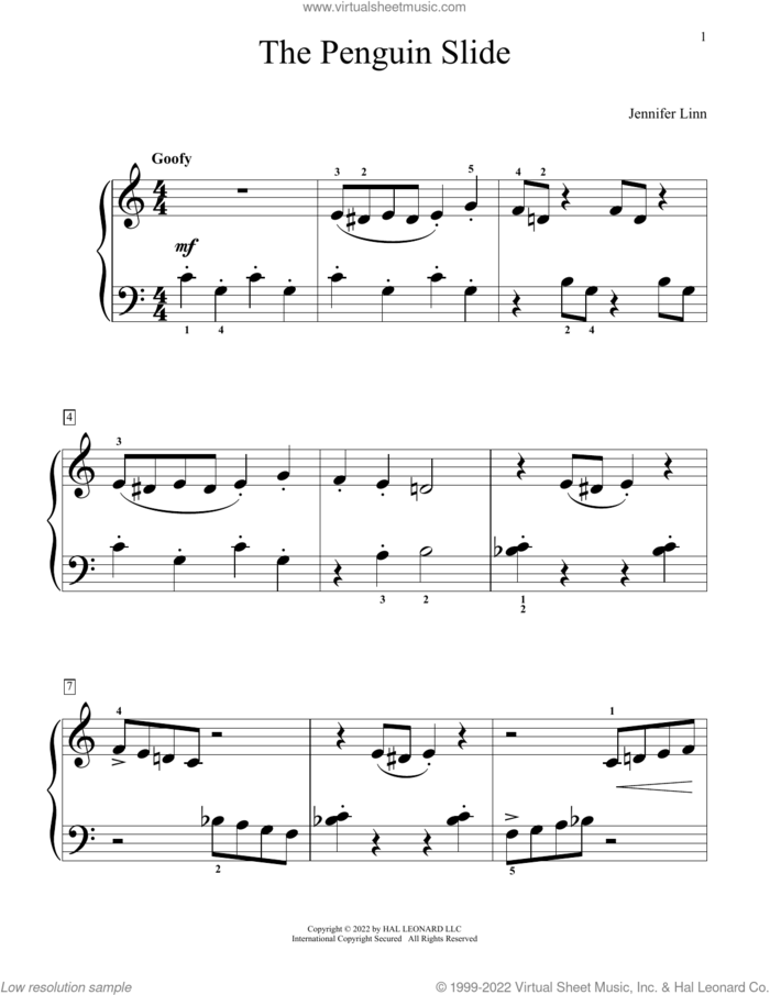 The Penguin Slide sheet music for piano solo (elementary) by Jennifer Linn, beginner piano (elementary)