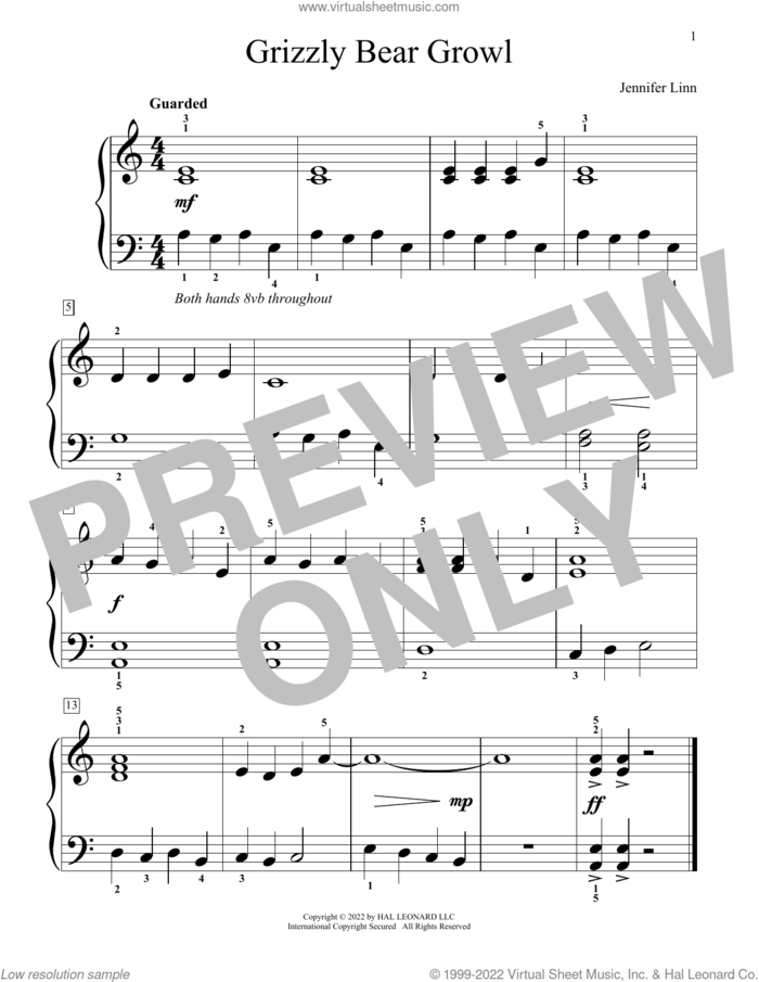 Grizzly Bear Growl sheet music for piano solo (elementary) by Jennifer Linn, beginner piano (elementary)