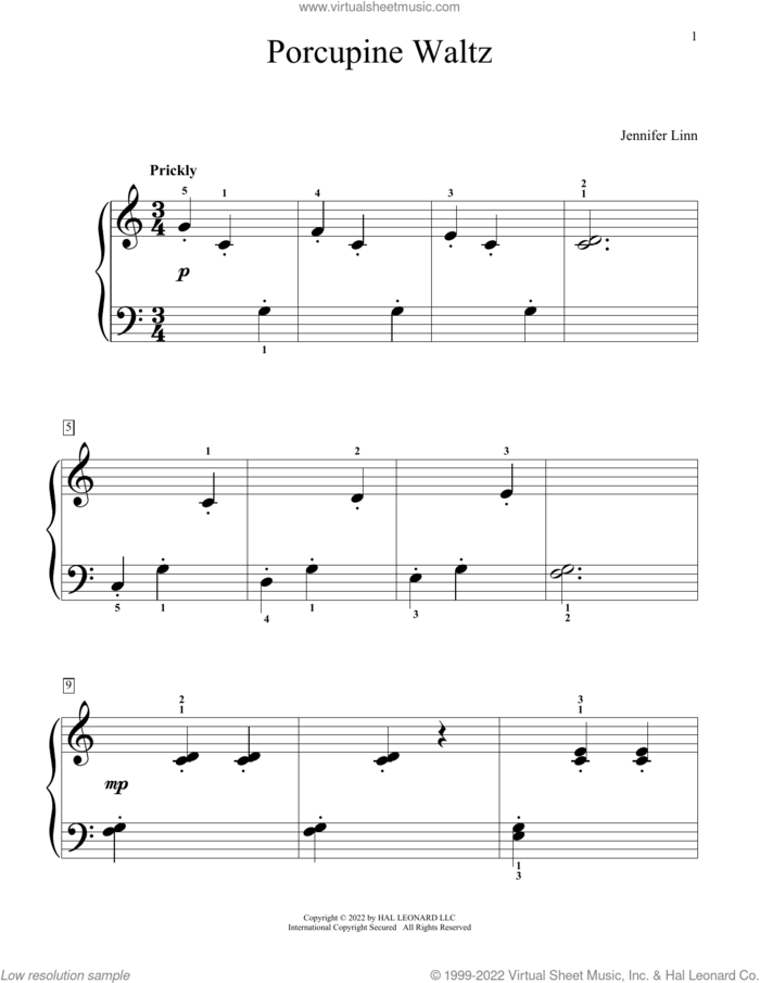 Porcupine Waltz sheet music for piano solo (elementary) by Jennifer Linn, beginner piano (elementary)