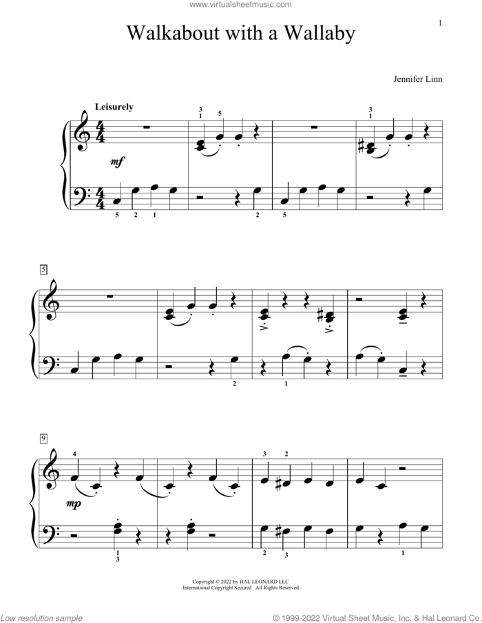 Walkabout With A Wallaby sheet music for piano solo (elementary) by Jennifer Linn, beginner piano (elementary)