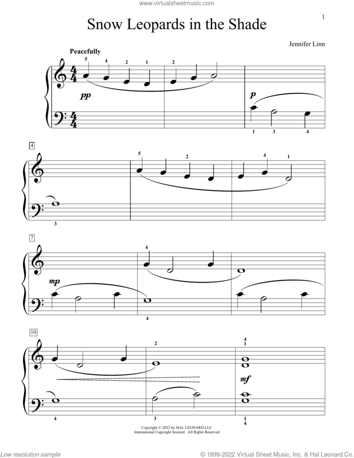 Snow Leopards In The Shade sheet music for piano solo (elementary) by Jennifer Linn, beginner piano (elementary)