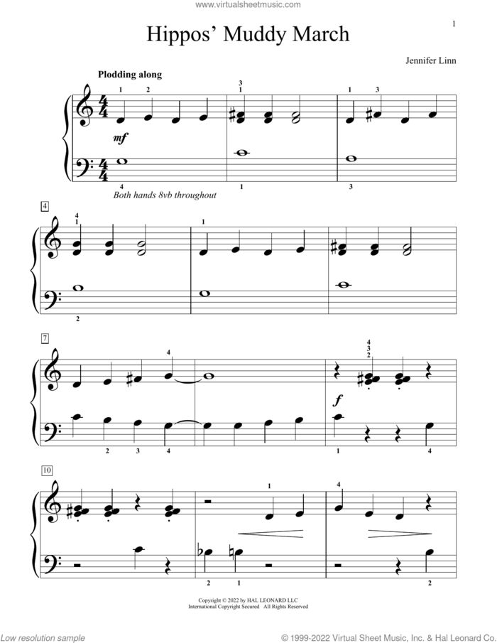 Hippos' Muddy March sheet music for piano solo (elementary) by Jennifer Linn, beginner piano (elementary)
