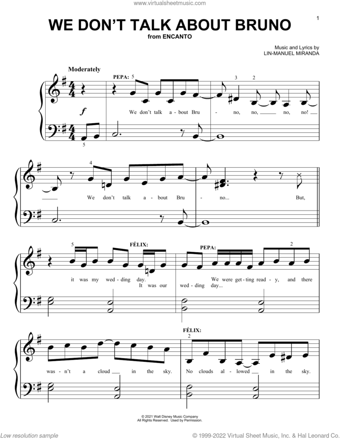 We Don't Talk About Bruno (from Encanto) sheet music for piano solo (big note book) by Lin-Manuel Miranda, easy piano (big note book)