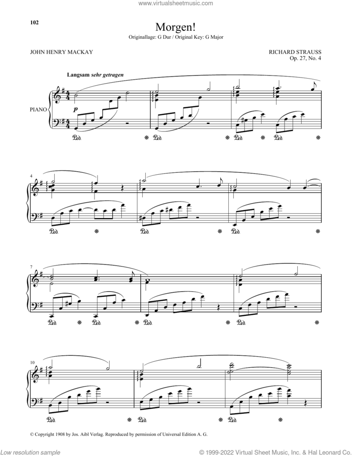 Morgen! (High Voice) sheet music for voice and piano (High Voice) by Richard Strauss and John Henry Mackay, classical score, intermediate skill level