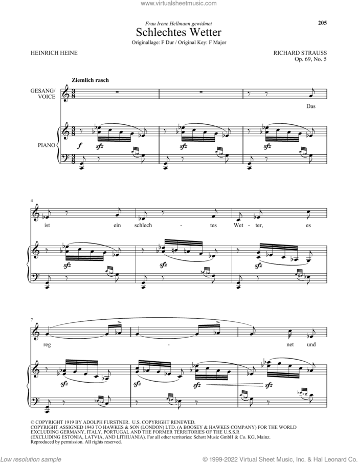 Schlechtes Wetter (Low Voice) sheet music for voice and piano (Low Voice) by Richard Strauss and Heinrich Heine, classical score, intermediate skill level