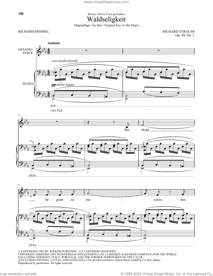 Waldseligkeit (Low Voice) sheet music for voice and piano (Low Voice) by Richard Strauss and Richard Dehmel, classical score, intermediate skill level
