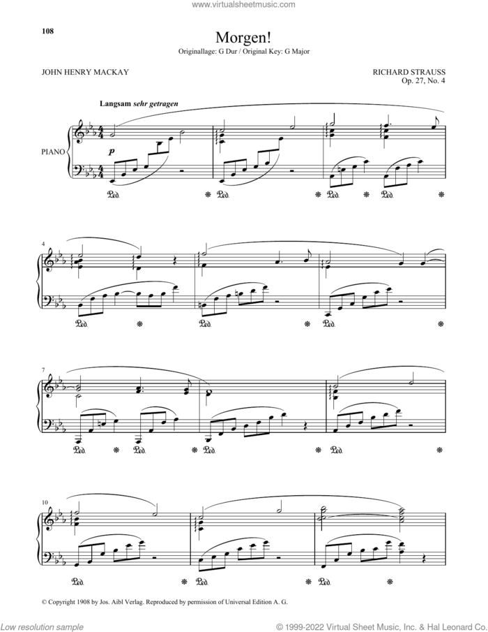 Morgen! (Low Voice) sheet music for voice and piano (Low Voice) by Richard Strauss and John Henry Mackay, classical score, intermediate skill level