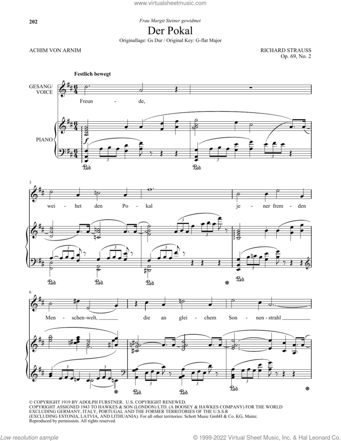 Der Pokal (Low Voice) sheet music for voice and piano (Low Voice) by Richard Strauss and Achim von Arnim, classical score, intermediate skill level