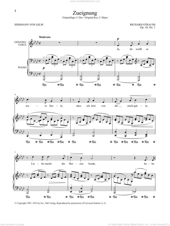 Zueignung (Op. 10, No. 1) (Low Voice) sheet music for voice and piano (Low Voice) by Richard Strauss and Hermann von Gilm, classical score, intermediate skill level