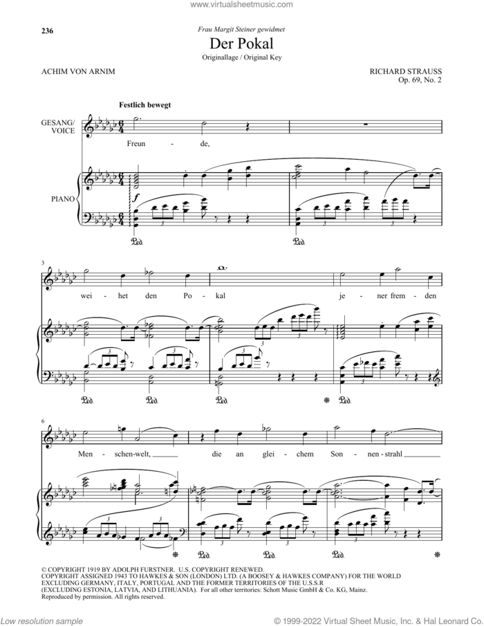 Der Pokal (High Voice) sheet music for voice and piano (High Voice) by Richard Strauss and Achim von Arnim, classical score, intermediate skill level