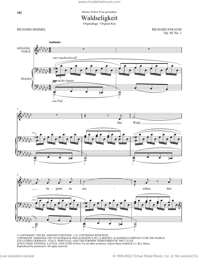Waldseligkeit (High Voice) sheet music for voice and piano (High Voice) by Richard Strauss and Richard Dehmel, classical score, intermediate skill level