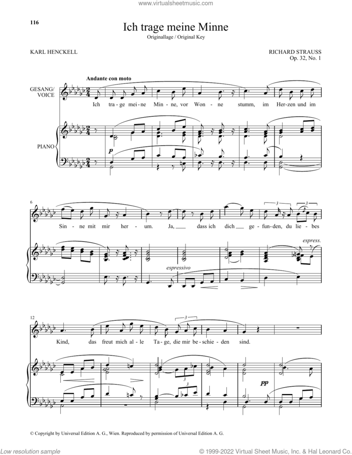 Ich Trage Meine Minne (High Voice) sheet music for voice and piano (High Voice) by Richard Strauss, classical score, intermediate skill level