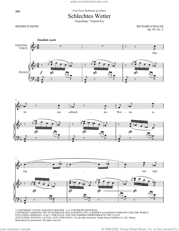 Schlechtes Wetter (High Voice) sheet music for voice and piano (High Voice) by Richard Strauss and Heinrich Heine, classical score, intermediate skill level