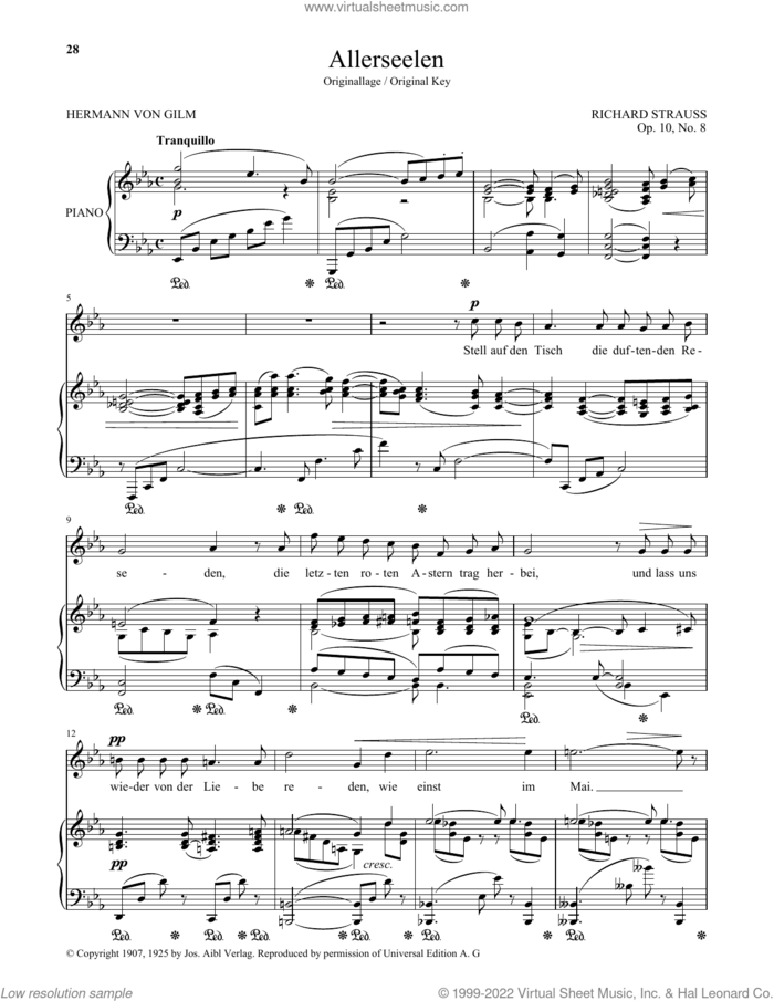 Allerseelen (High Voice) sheet music for voice and piano (High Voice) by Richard Strauss and Hermann von Gilm, classical score, intermediate skill level