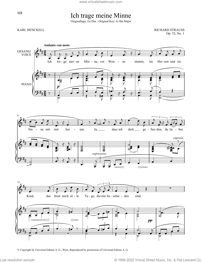 Ich Trage Meine Minne (Low Voice) sheet music for voice and piano (Low Voice) by Richard Strauss, classical score, intermediate skill level