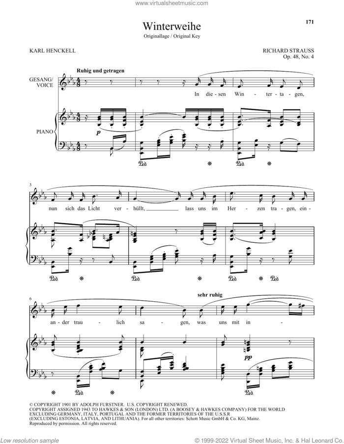 Winterweihe (High Voice) sheet music for voice and piano (High Voice) by Richard Strauss and Karl Henckell, classical score, intermediate skill level